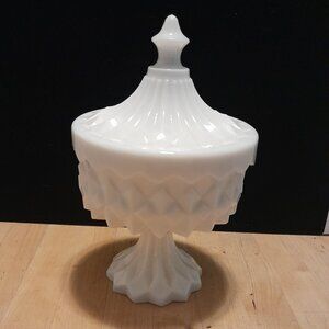 VTG Milk Glass Covered Pedestal Dish by LE Smith